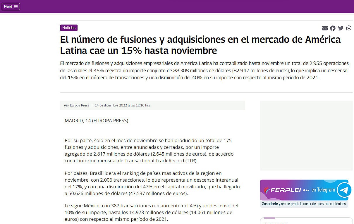 El nmero de fusiones y adquisiciones en el mercado de Amrica Latina cae un 15% hasta noviembre